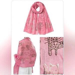 Cat Kitten Print Scarf Pink Shaw Wrap Large Whimsical Cotton